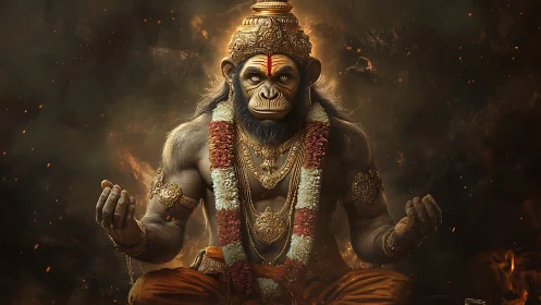 Mythic simian deity in meditative pose amid ember-lit haze
