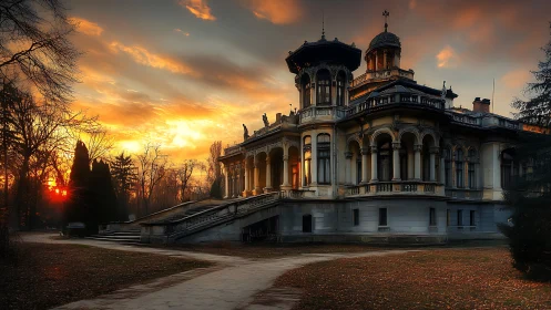 Sunset illuminates ornate historic mansion in autumn glow.