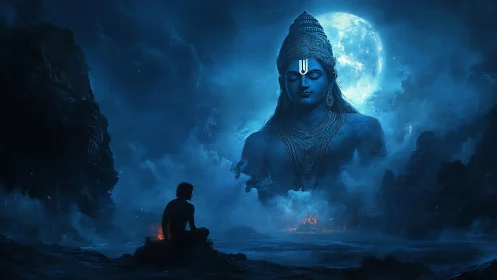Moonlit meditations before a colossal blue divine guardian.
