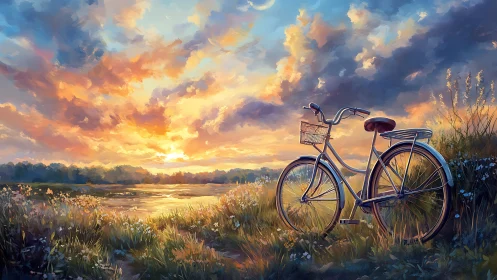 Bicycle in Golden Sunset Over Rural Meadow