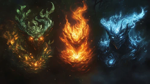 Elemental spirits of nature, fire and ice in dark etheric void.