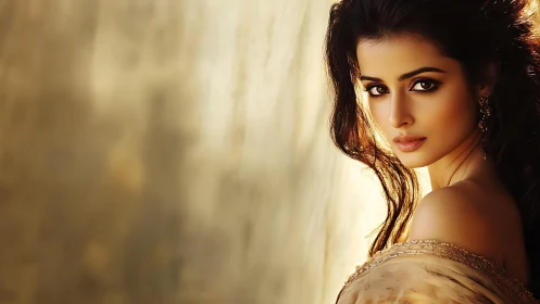 Warm backlit portrait of woman in golden traditional drape