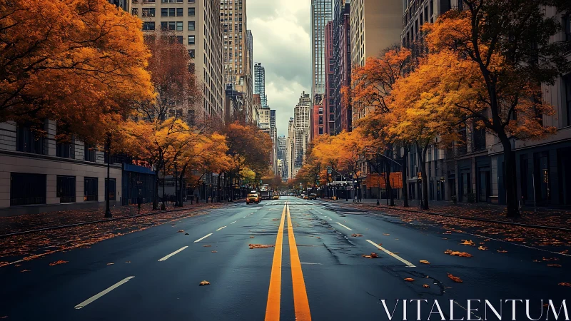Urban boulevard in autumnal symmetry, photorealistic streetscape.