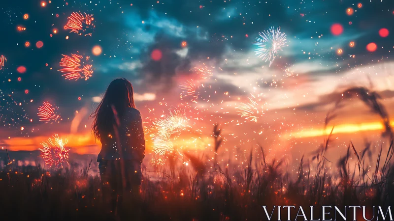 Silhouetted figure observes fireworks over luminous sunset field