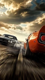 Muscle cars sling golden smoke beneath storm-torn skies