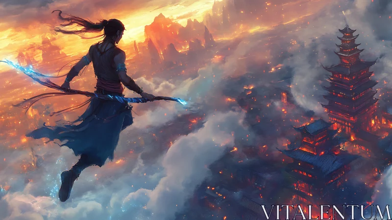 Warrior with glowing staff overlooks burning fantasy city