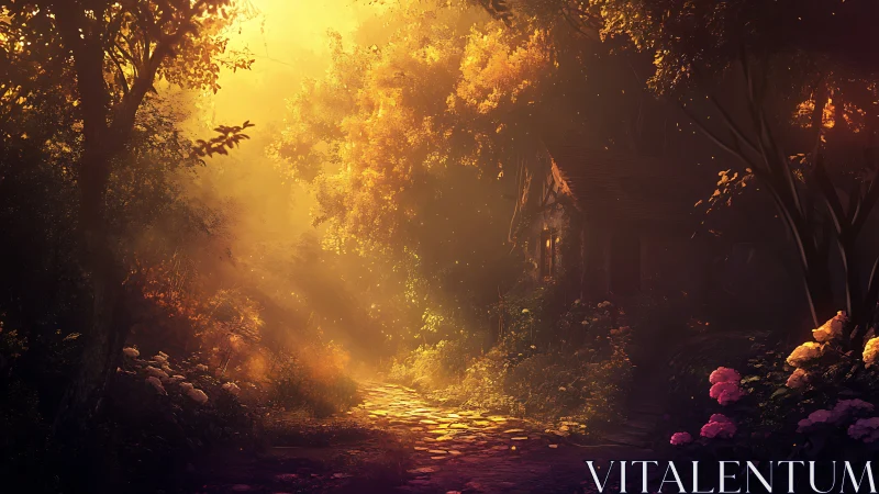 Golden forest path leading toward hidden cottage at dusk.