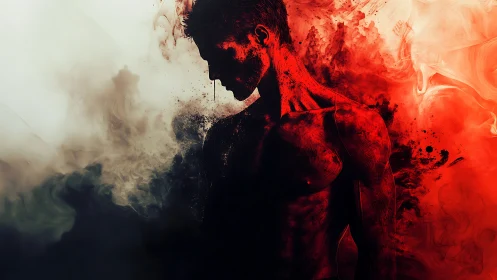 Silhouetted male torso in red and black particulate smoke field.