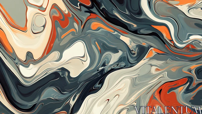 Fluid abstract marbling in teal, ivory and vermilion swirls