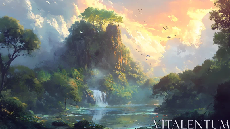 Luminous tropical valley with cliff waterfall at sunrise mist