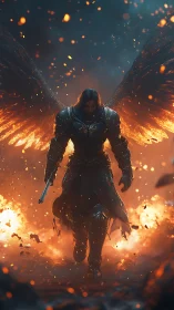 Winged warrior walks through fire with calm, blazing grace.