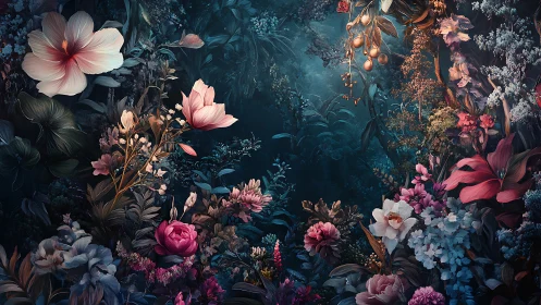 Enchanted Garden. Floral Abundance Blooms Against Deep Teal Darkness.