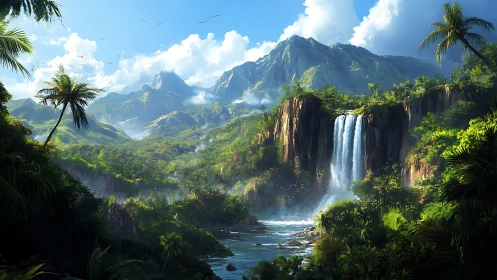 Tropical waterfall cascades through dense mountain jungle
