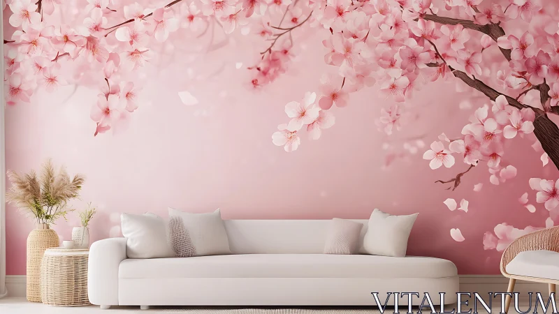Serene pastel lounge framed by blooming cherry mural.