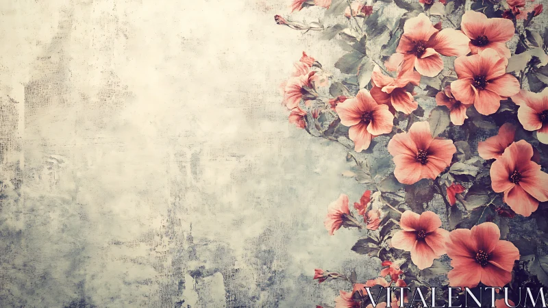 Vintage botanical composition with salmon-hued flowers against distressed neutral backdrop.