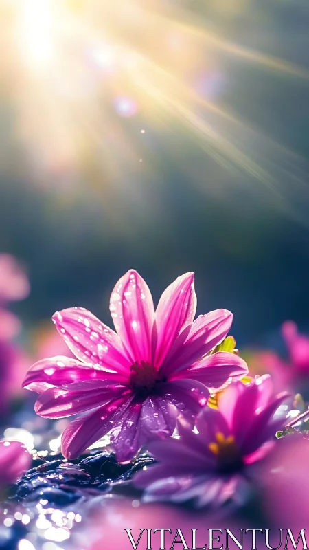 Magenta daisies with water droplets under diffused sunlight.