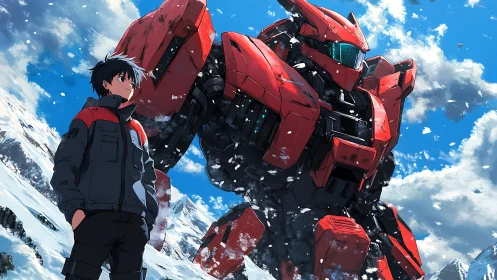 Pilot stands before red mech amid windswept alpine snowfield