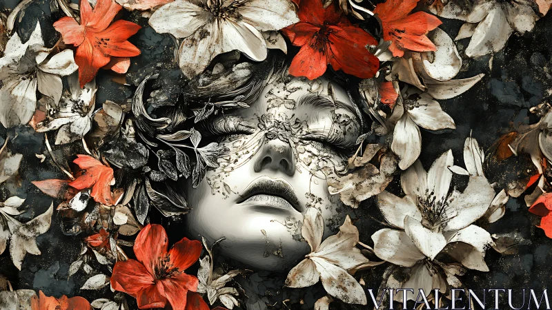 Woman’s stylized face merges with layered red and white flowers