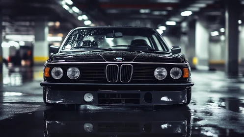 Classic black BMW front view in wet underground garage