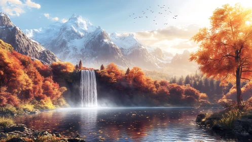 Autumn waterfall sanctuary beneath crystal crown peaks.