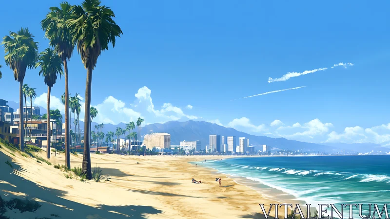 Coastal skyline with palm-lined beach under clear atmospheric perspective