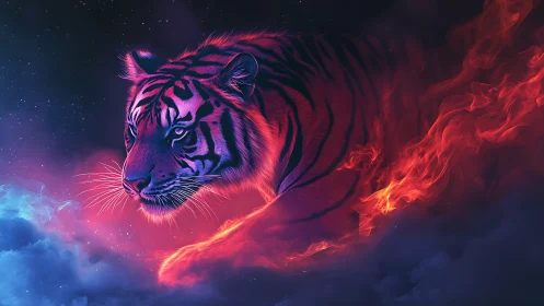 Neon lit tiger head with fiery body against cosmic sky.
