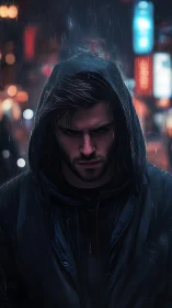 Brooding hooded lone wolf under neon city rainfall.
