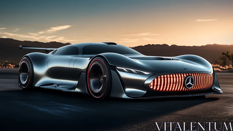 Futuristic Mercedes AMG hypercar with illuminated grille at dusk