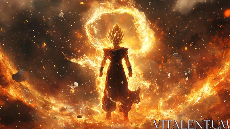 Blazing cosmic warrior standing inside a storm of fire.
