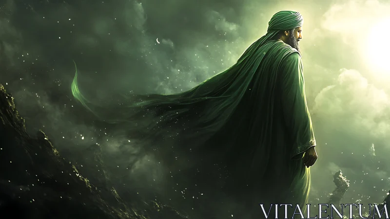 Mystic robed figure walking through luminous green storm.
