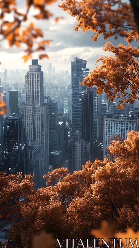 Photorealistic autumn skyline framed by elevated foliage.