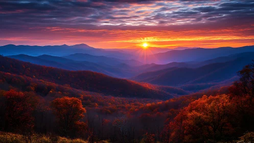 Digital painting of layered autumn mountains at sunrise panorama.