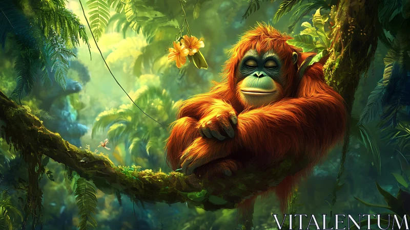 Orange-furred ape resting on mossy jungle tree branch.