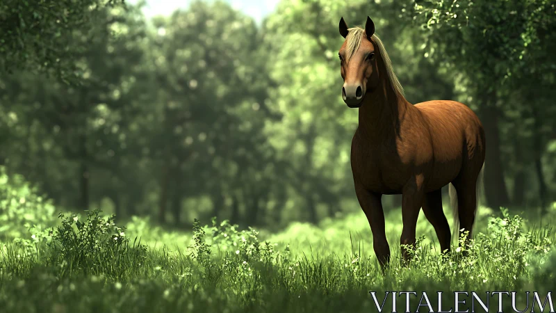 Chestnut horse stands quietly in a lush sunlit forest meadow.