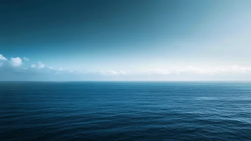 Calm open ocean stretches into a soft, cloud-lined horizon