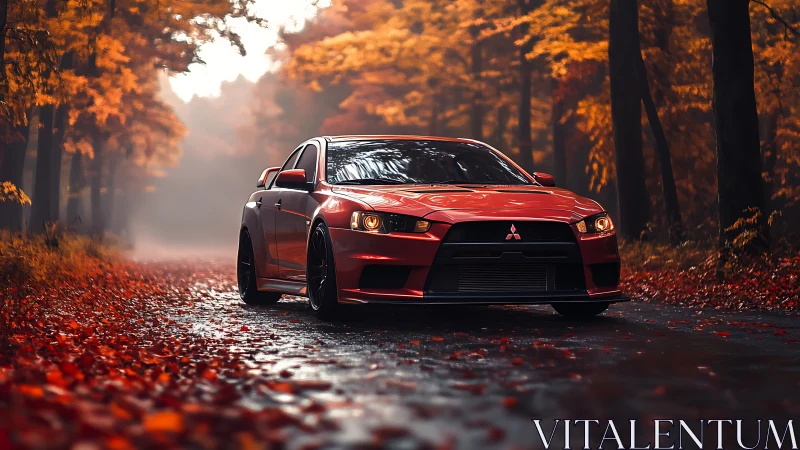 Crimson sports car cruising through a misty autumn forest road.