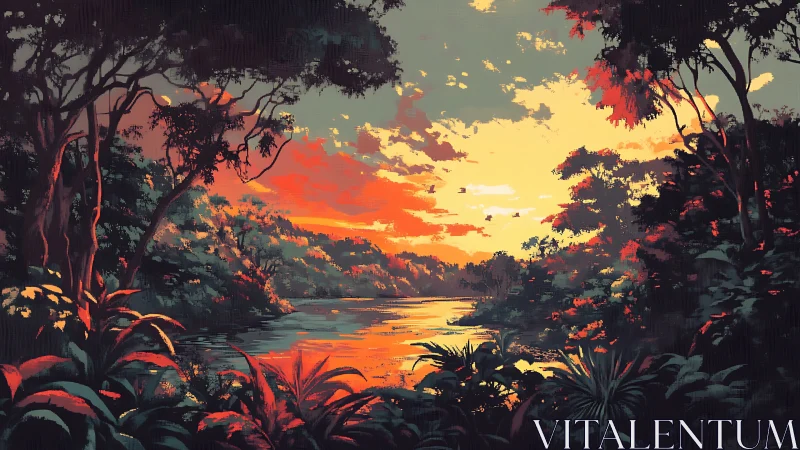 Sunlit jungle river glows under a vibrant painted sky.