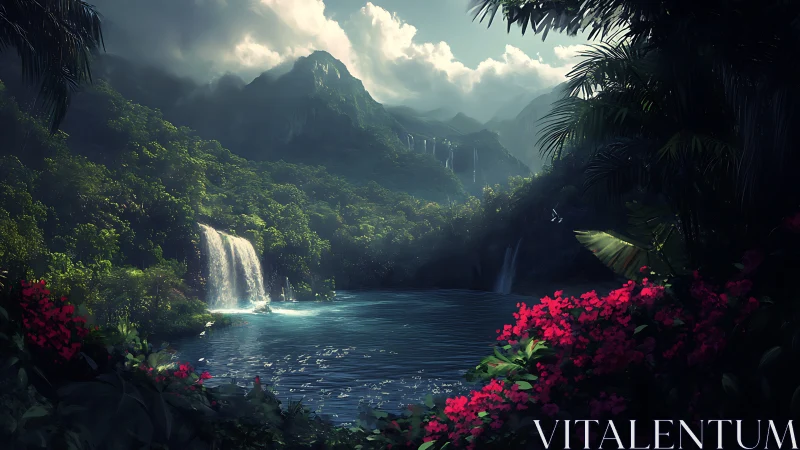 Hidden jungle lagoon with gentle waterfalls and soft light.