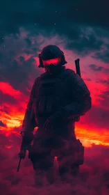 Crimson dusk commando stalking through molten battlefield haze.