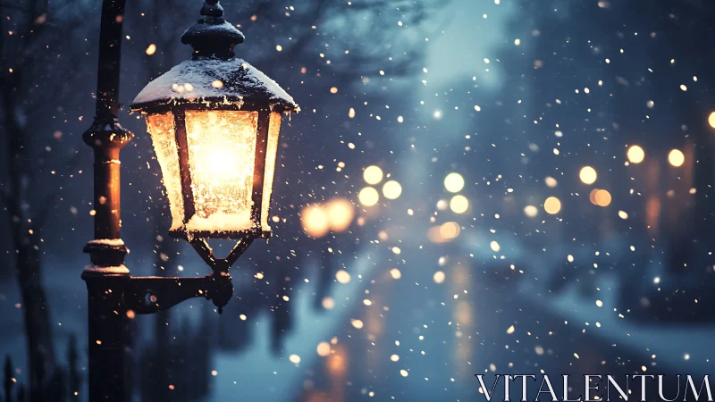 Snowy streetlamp glows warmly against soft winter bokeh