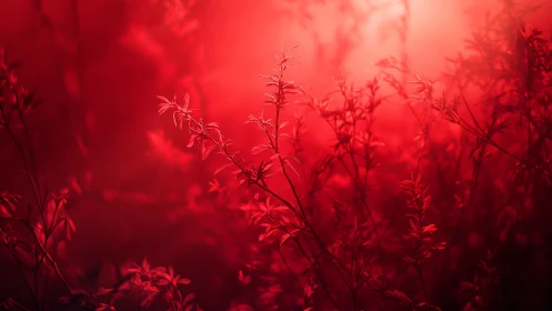 Red mist drifts around delicate plants in dreamlike light.