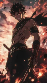 Battle-scarred warrior commands burning storm sky.