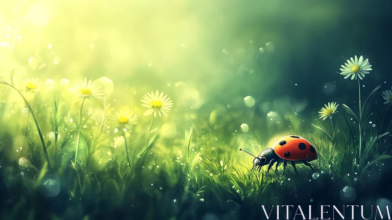 Ladybird strolls through sunlit meadow of glowing daisies