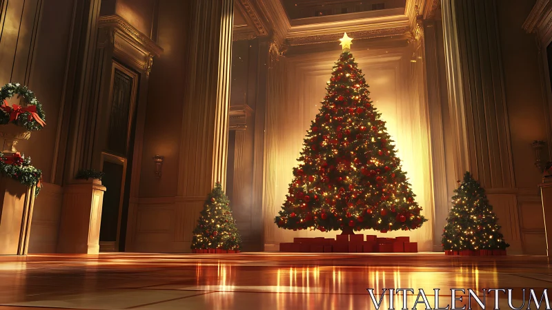 Grand hall Christmas tree glowing with warm festive lights.
