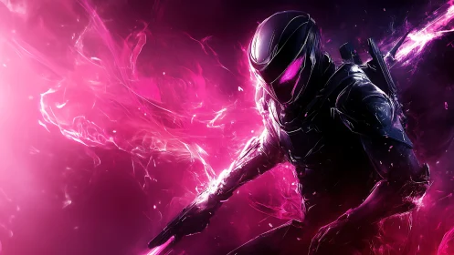 Cybernetic warrior in neon pink energy storm glow.