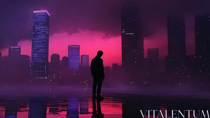 Neon dusk drapes a lone silhouette over misty city lights.