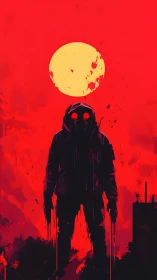 Cyberpunk wasteland sentinel under scorched crimson sun.