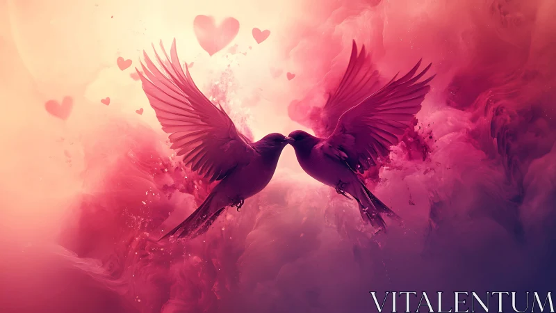 Two Birds Kissing in Pink Explosion of Watercolor