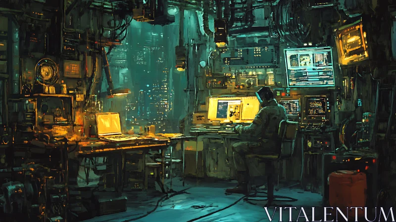 Neon bunker hacker orchestrates code in glowing midnight lab.