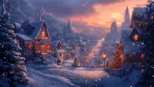 Snowlit Christmas village glowing in storybook twilight calm.